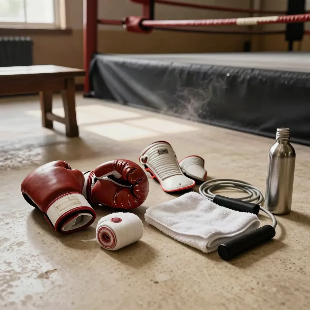 Starter Muay Thai gear lines a bench toward an empty ring corner in warm chalky light