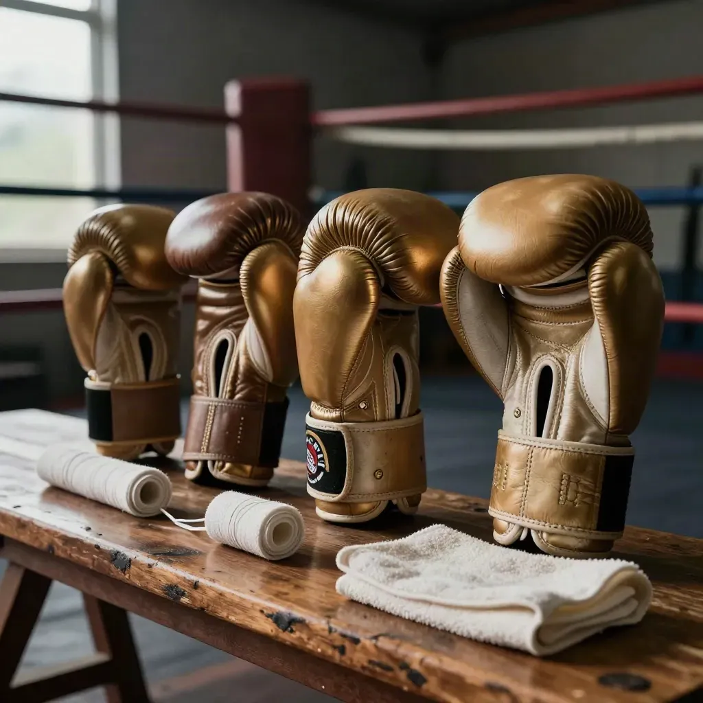 Three Muay Thai gloves sizes on a wooden bench with wraps and towel in cool gym light