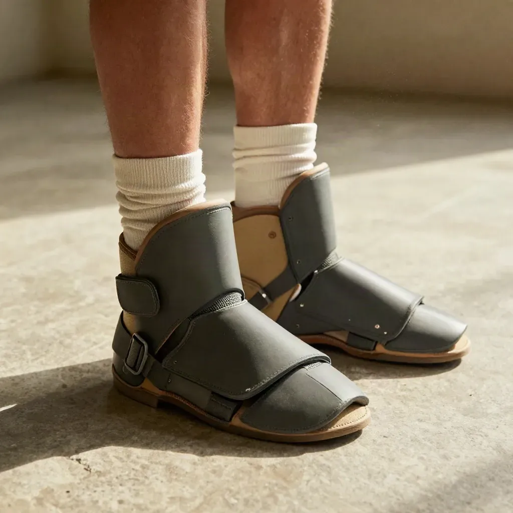 Shin guards, ankle wraps, and a kick shield on pale stone floor in warm daylight.
