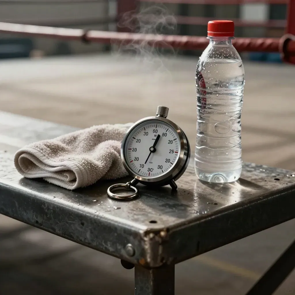 Round timer, water bottle and sweat towel on a steel bench in a steaming Muay Thai gym