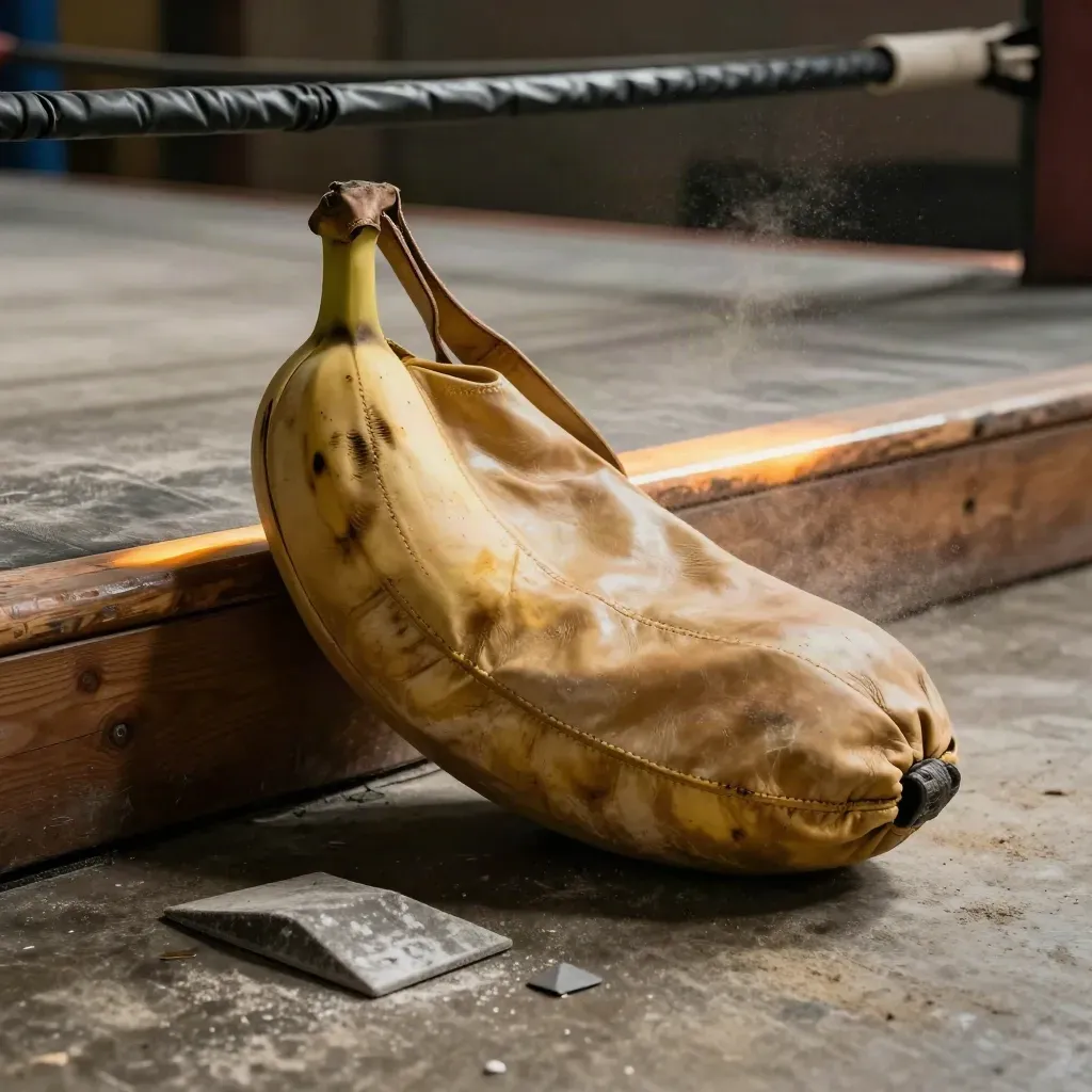 Heavy banana bag rebounding beside a step-up platform and chalked wedge in a moody Muay Thai gym.