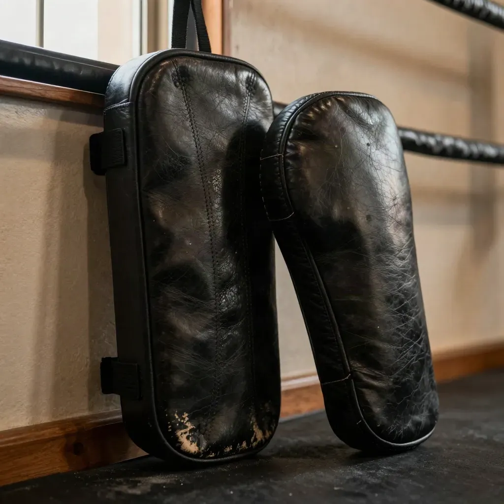 Black Muay Thai wall pad and forearm shield in a dusty gym corner, close macro.