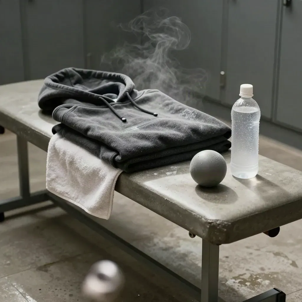 Muay Thai recovery bench with hoodie, towel, massage ball, and electrolyte bottle in cool vapor