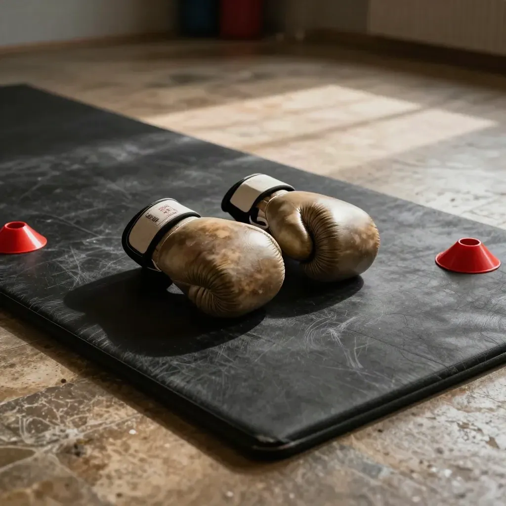 Southpaw gloves, ankle wraps, and red cones arranged on a warm mat for footwork drills.