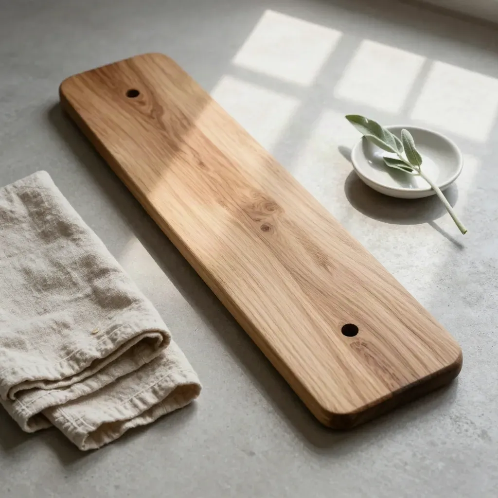 Overhead flatlay of a balance board, linen cloth, ceramic dish and plant sprig on pale concrete.