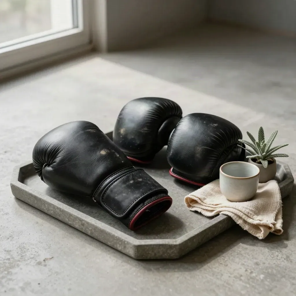 Curved Thai pads on stone tray with cloth, cup and plant under soft window light