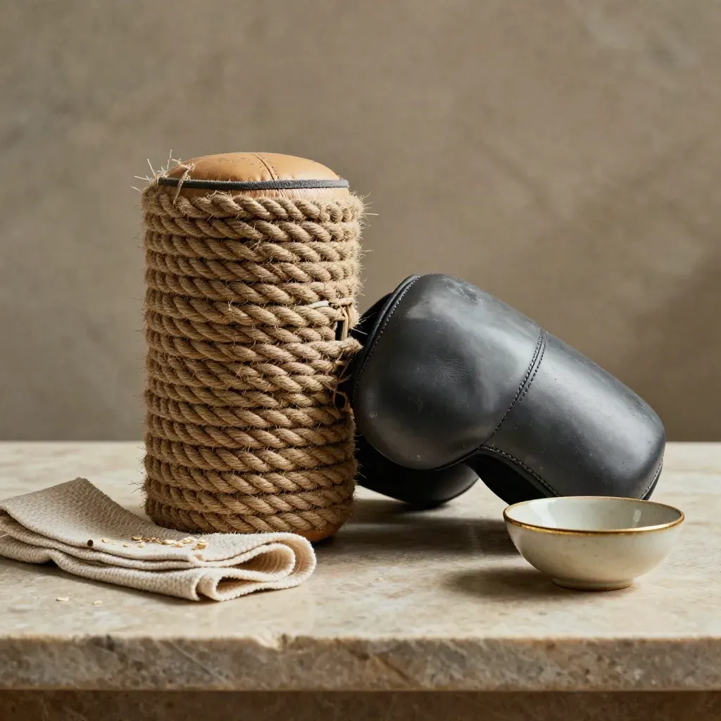 Muay Thai clinch dummy, forearm shield, cloth, and bowl on stone tabletop.