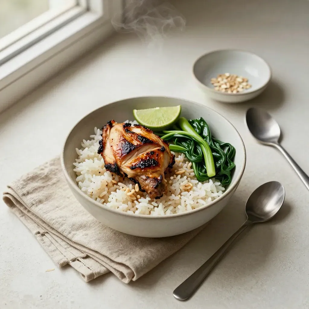Overhead bowl of rice, grilled chicken, greens, lime, linen napkin and spoon on pale plaster.