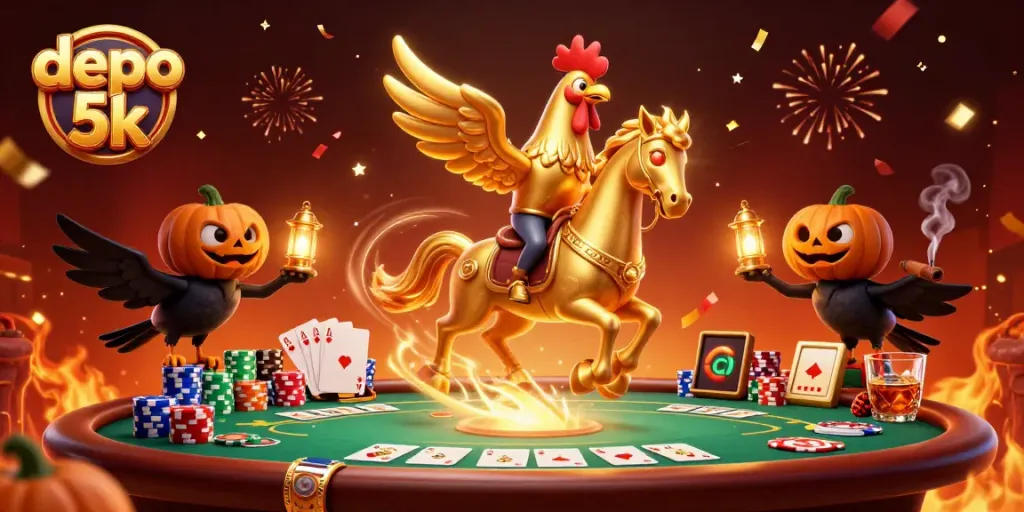 Engage in thrilling gameplay with depo 5k at a vibrant casino, featuring golden rooster and poker elements.