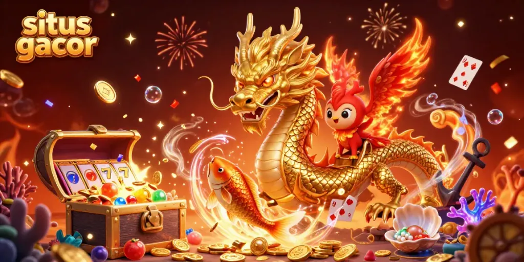 Experience winning with situs gacor through a vibrant 3D casino illustration featuring mythical creatures.