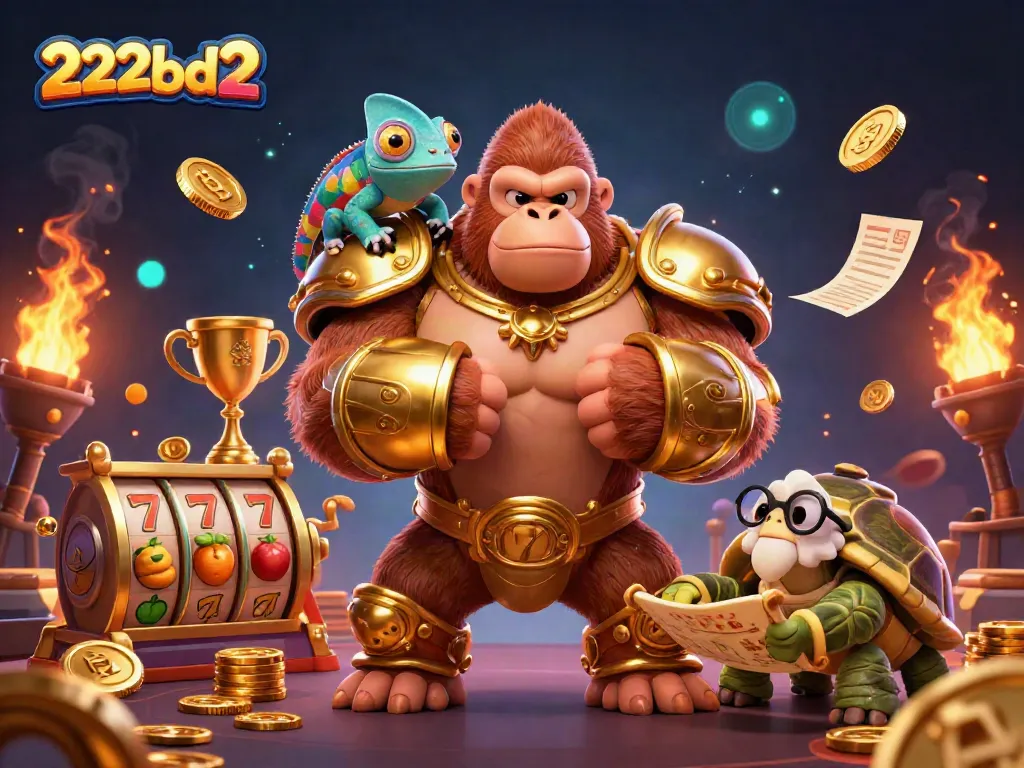 Experience thrilling wins at 222bd2 with a king gorilla and casino elements in a vibrant scene.