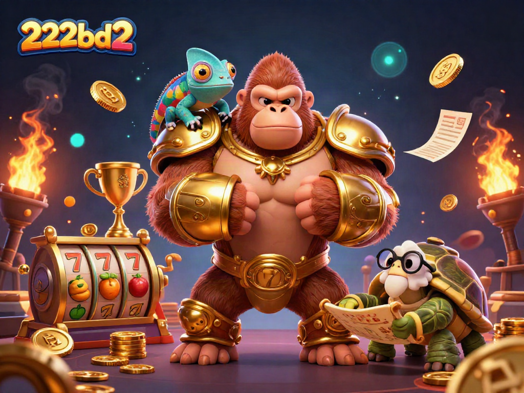 Experience thrilling wins at 222bd2 with a king gorilla and casino elements in a vibrant scene.