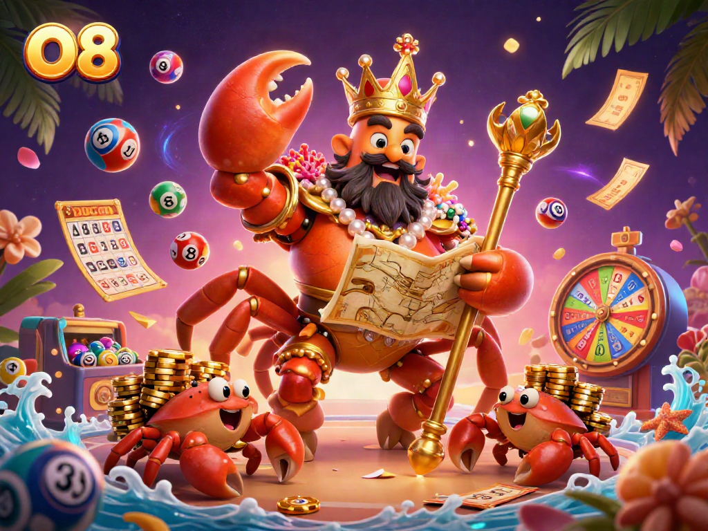 Experience the excitement of O8 with a vibrant lottery-themed casino illustration showcasing lively characters and dynamic elements.