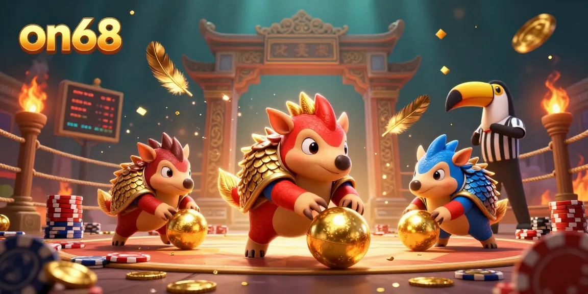 Experience the thrilling on68 gaming arena with competitive pangolins amidst scattered poker chips.