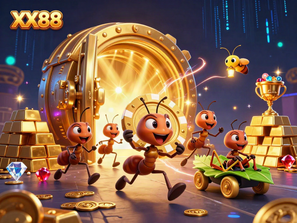 Experience the excitement of XX88 with a heist scene featuring ants and rich casino elements.
