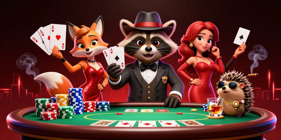 Experience the thrill of BJ88 with a raccoon holding a poker royal flush at a lively casino scene.