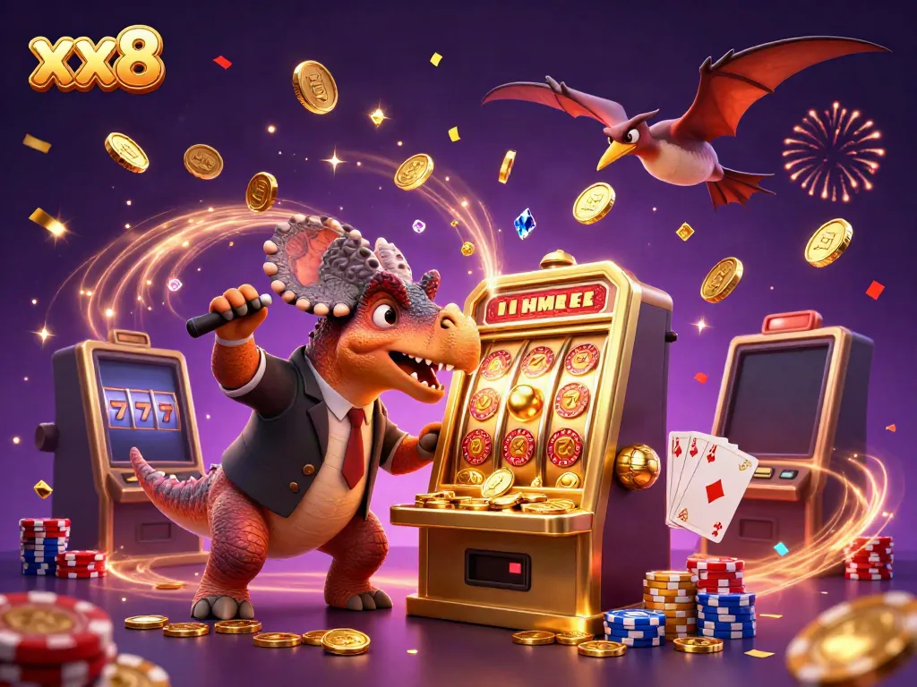 Experience the thrill of winning at xx8 with cartoon characters celebrating a slot machine jackpot.