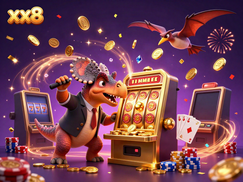 Experience the thrill of winning at xx8 with cartoon characters celebrating a slot machine jackpot.