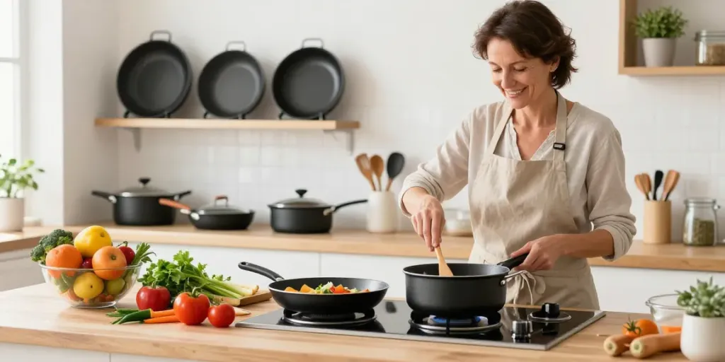 Non-Stick Cookware price in bangladesh with vibrant fresh ingredients in a cozy kitchen setting.