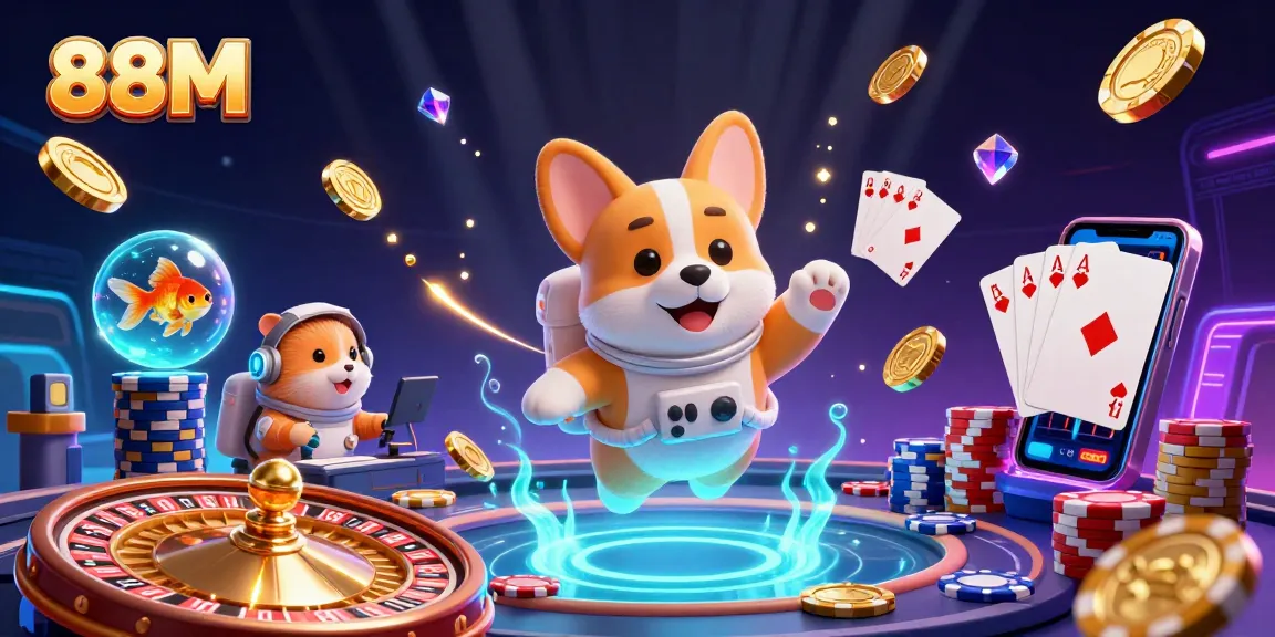 88M's cartoon astronaut corgi navigates a zero-gravity casino filled with neon gambling elements.