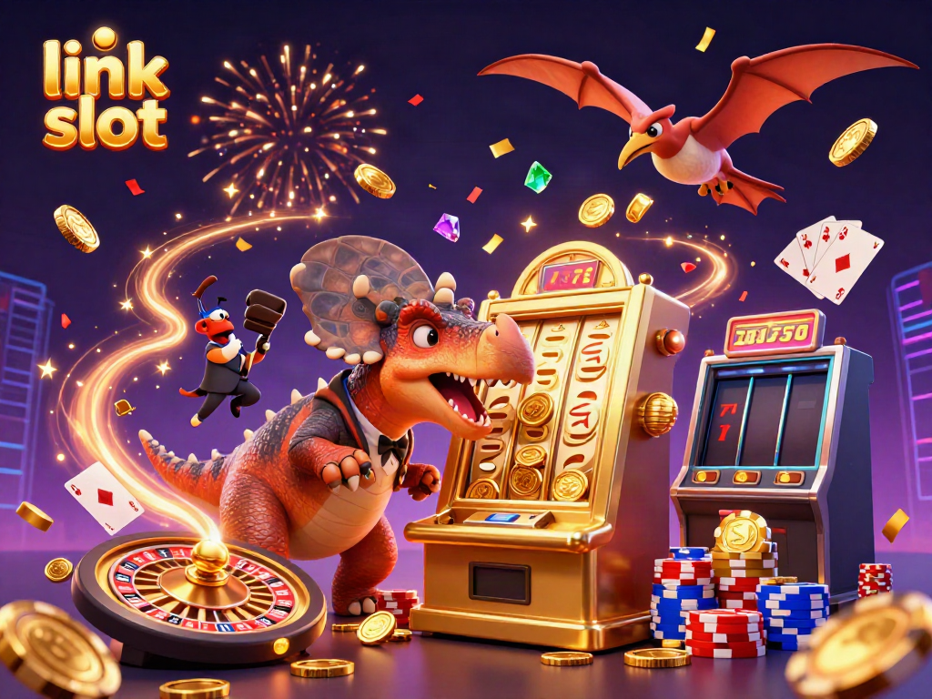 Experience the thrill of link slot gaming as dinosaurs celebrate jackpot wins.