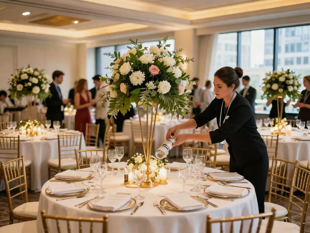 Event rental KSA premium wedding setup with elegant decor, joyful guests, and professional event management atmosphere.