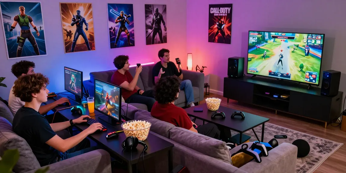 Engaging group enjoying gaming experience at https://f168.games/ with consoles, snacks, and colorful atmosphere