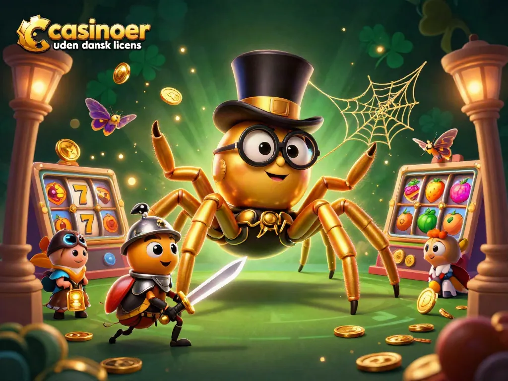 Experience casinoer uden dansk licens with a thrilling 3D illustration of a golden tarantula and knight in a vibrant casino setting.