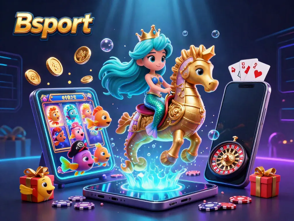 Engage with the thrilling world of Bsport's casino illustration, featuring a mermaid princess and gaming elements.