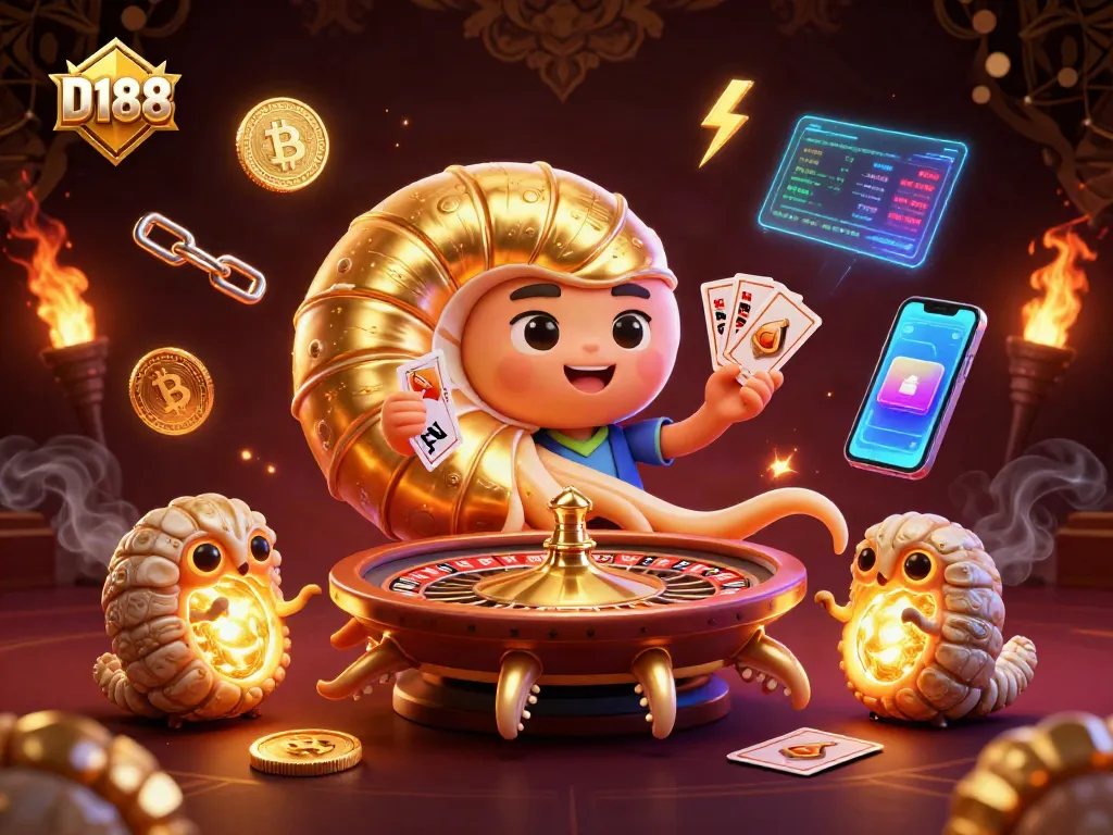 D188 enhances gaming excitement with a vibrant casino scene featuring a giant nautilus roulette wheel and glowing crypto elements.