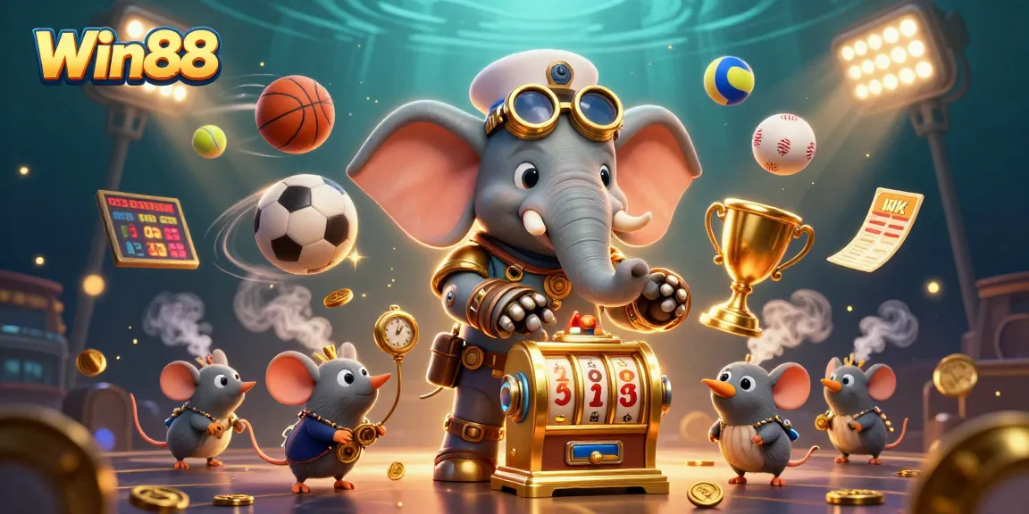 Engage with Win88 as the steampunk elephant engineer operates a golden slot machine amid dynamic sports elements.