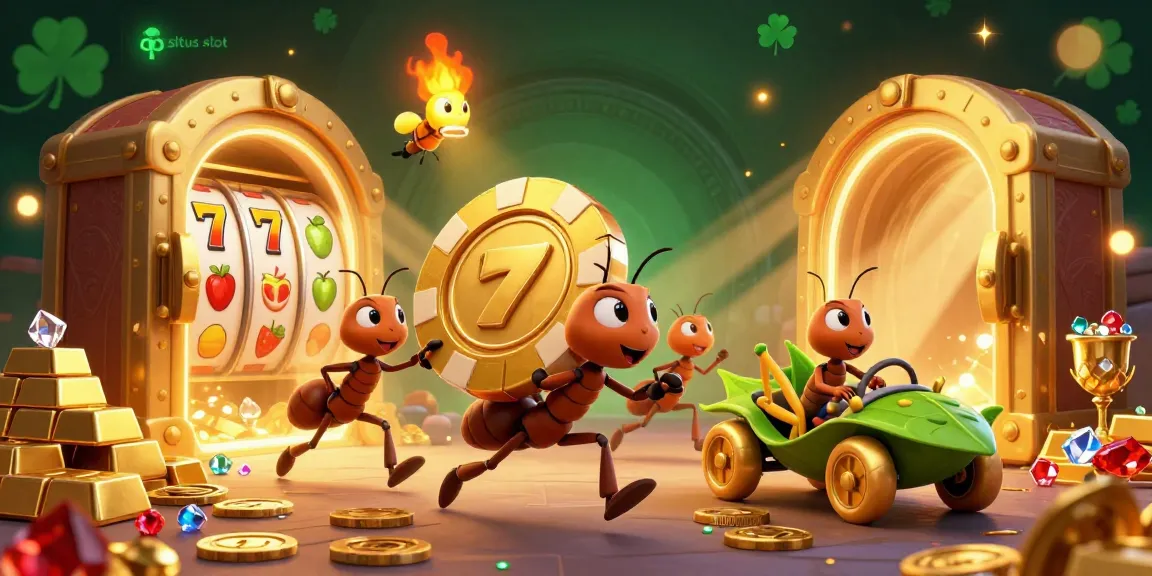 Experience the excitement of situs slot with cartoon ants carrying a massive poker chip in this vibrant casino illustration.