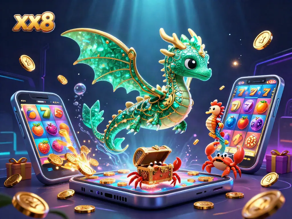 Engage in thrilling casino action with xx8’s vibrant 3D illustration of a sea dragon and slot game.