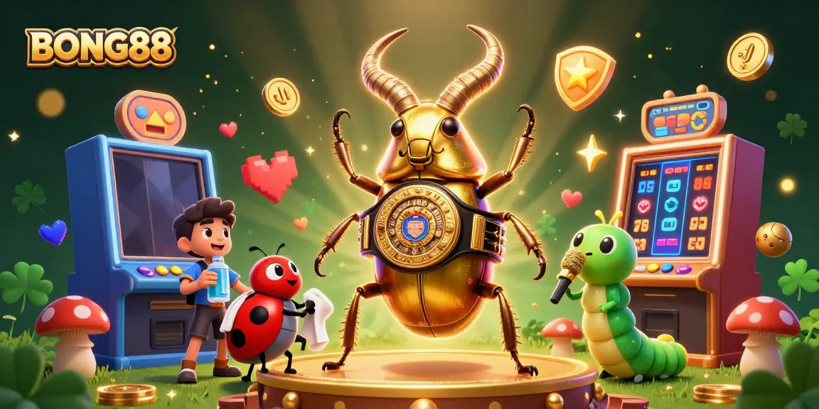 BONG88 slots come alive with a glowing stag beetle boxing champion amidst vibrant casino elements.