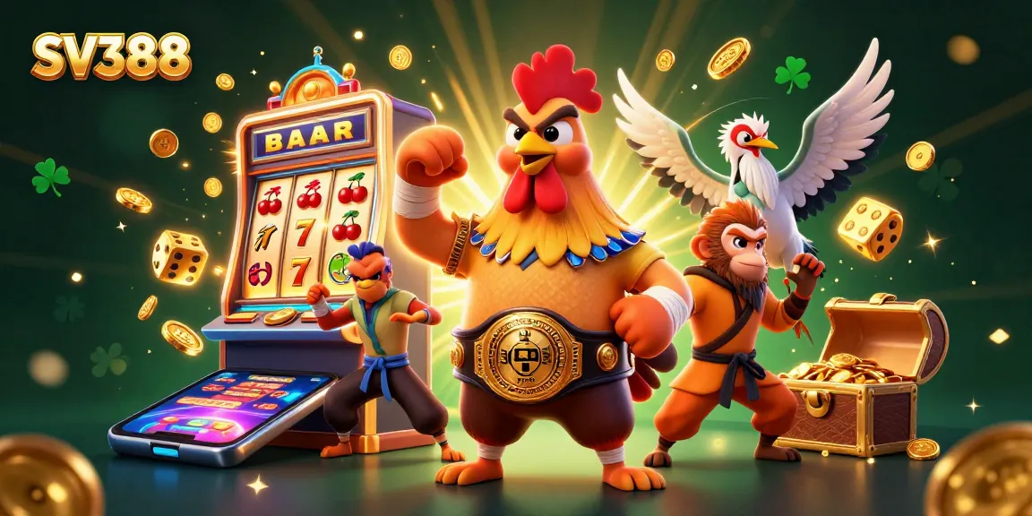 SV388 immerses players in an exhilarating cockfighting experience with a dynamic illustration of a champion rooster and martial artists amidst casino excitement.