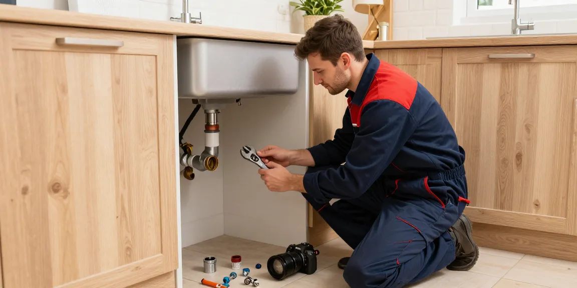 Experienced Stevenage plumber repairing kitchen sink with tools and fittings in a bright, modern setting.