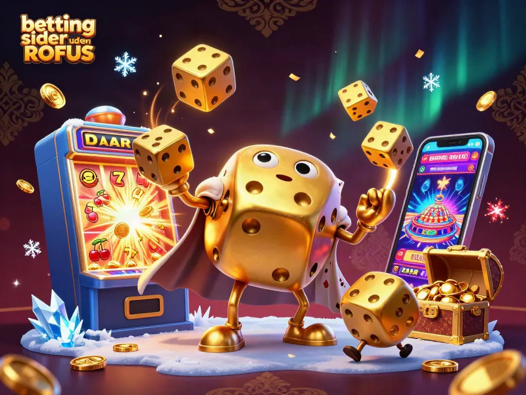 Win big with betting sider uden ROFUS in this exciting 3D casino illustration showcasing golden dice and slot jackpots.