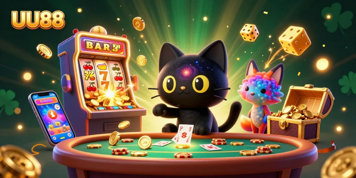 UU88 showcases an exciting cosmic casino scene with a black hole cat and nebula fox pulling in golden chips and game elements.