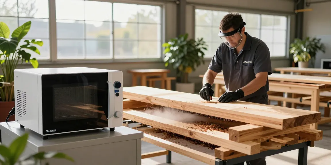 Shashel microwave device effectively eliminating wood-boring insects in a wood treatment facility.
