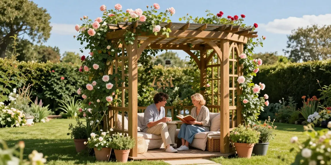 Zest Wooden Arbours surrounded by lush greenery, creating a charming outdoor retreat.