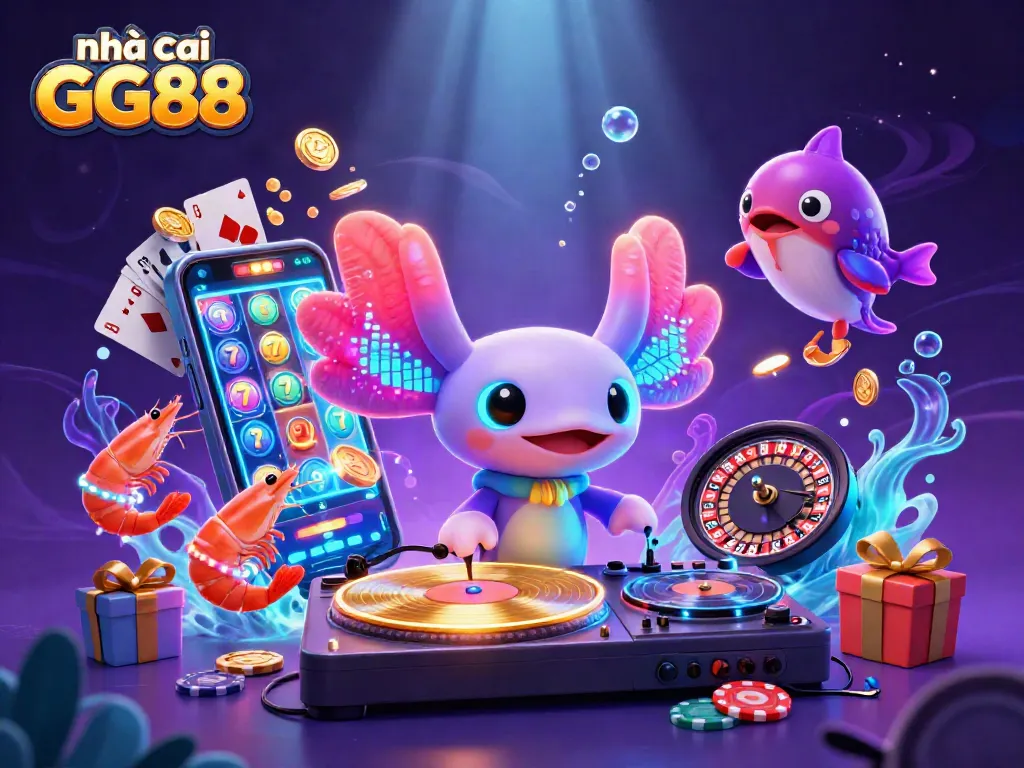 Engage with nhà cái GG88 as a neon axolotl DJ spins vibrant slots in an underwater party scene.