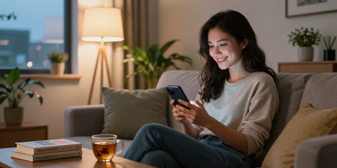 Cozy home scene with a woman interacting with her AI girlfriend app, showcasing connection and warmth.