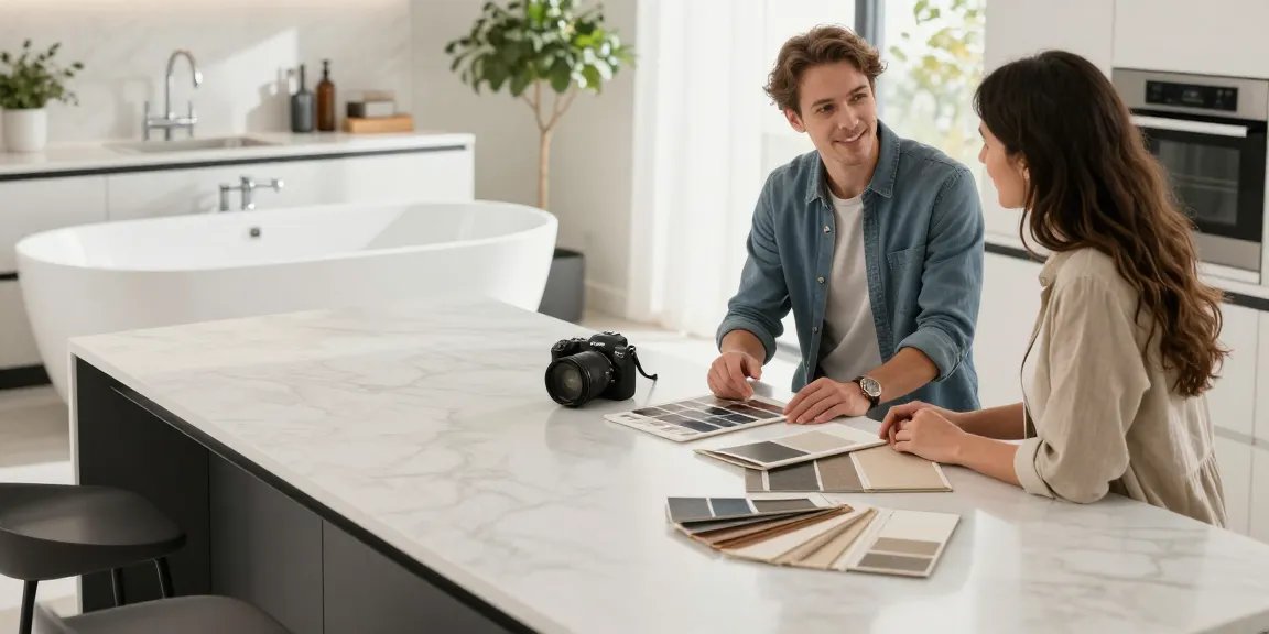 Stylish kitchen scene with a solid surface countertops company showcasing elegant design options and samples.