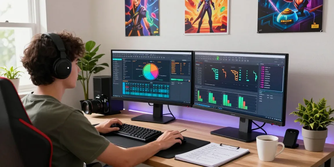 Focused gaming analysis with HearthStats net news insights in a bright home office.