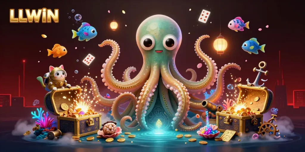 Experience LLWIN's gaming excitement with a vibrant 3D kraken, diving cat, and treasure-filled scenery.