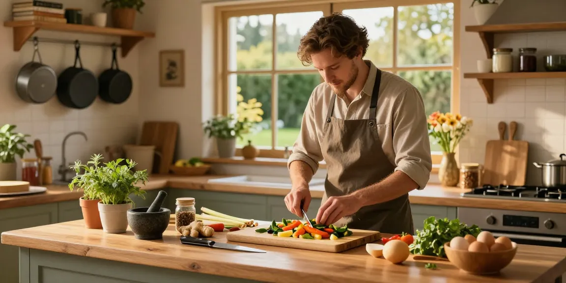 Colorful dish preparation in warm kitchen scene, featuring fresh ginger and lemongrass, embodying a homely vibe, เว็บสล็อต.