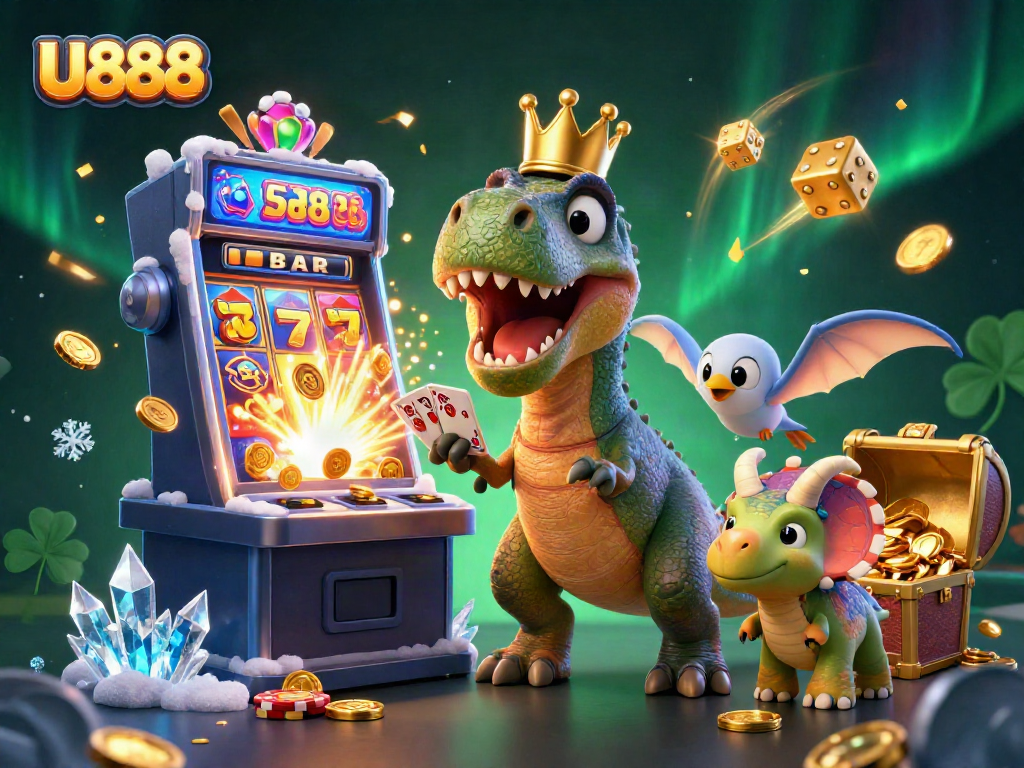 U888 casino scene featuring a T-Rex, pterodactyl, and triceratops enjoying exciting jackpots.