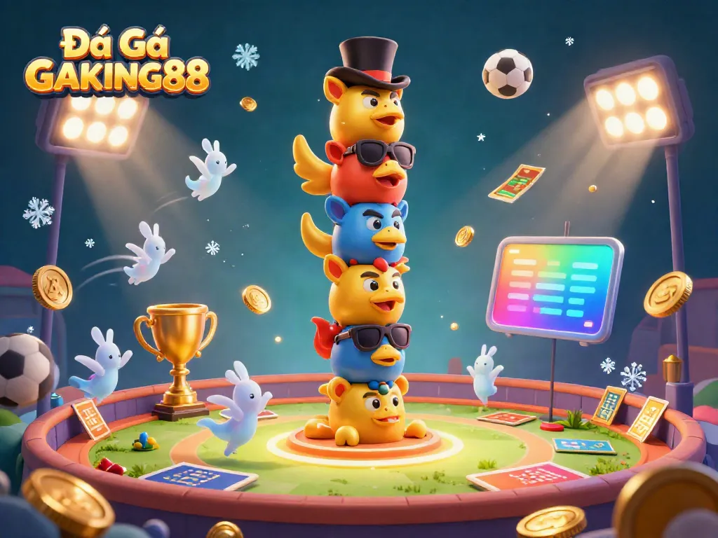 Experience thrilling Đá Gà GAKING88 action with dynamic sports and gambling elements in a vibrant 3D illustration.