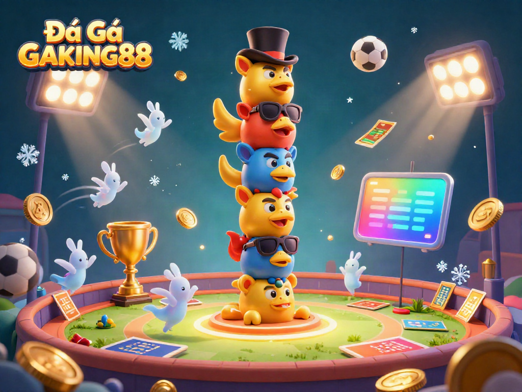 Experience thrilling Đá Gà GAKING88 action with dynamic sports and gambling elements in a vibrant 3D illustration.