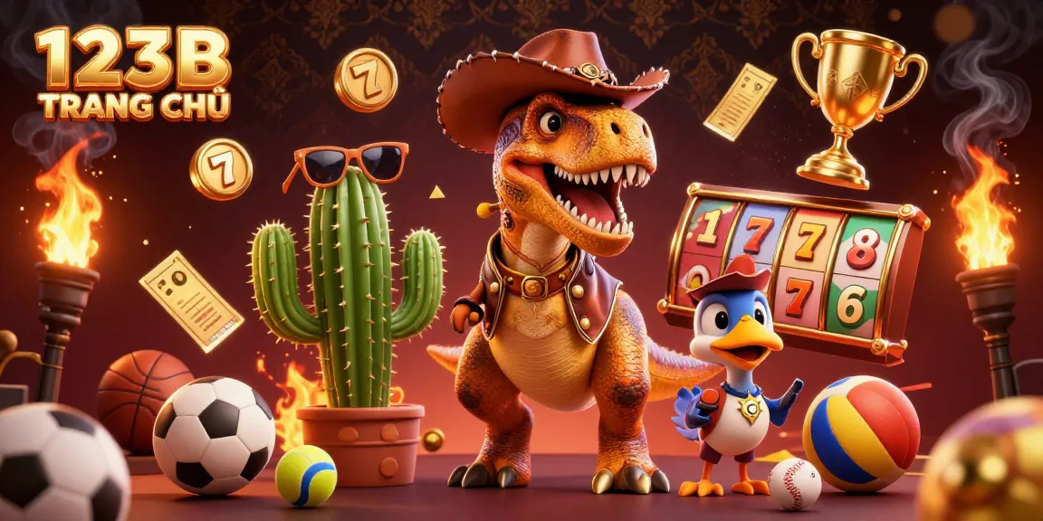 Engage with the lively 123B TRANG CHỦ casino scene featuring a cowboy dinosaur and dynamic gaming elements.